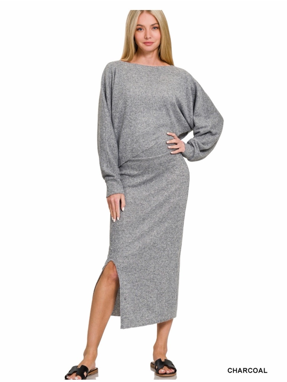 Zenana Charcoal Knit Two-Piece Dress Skirt Set